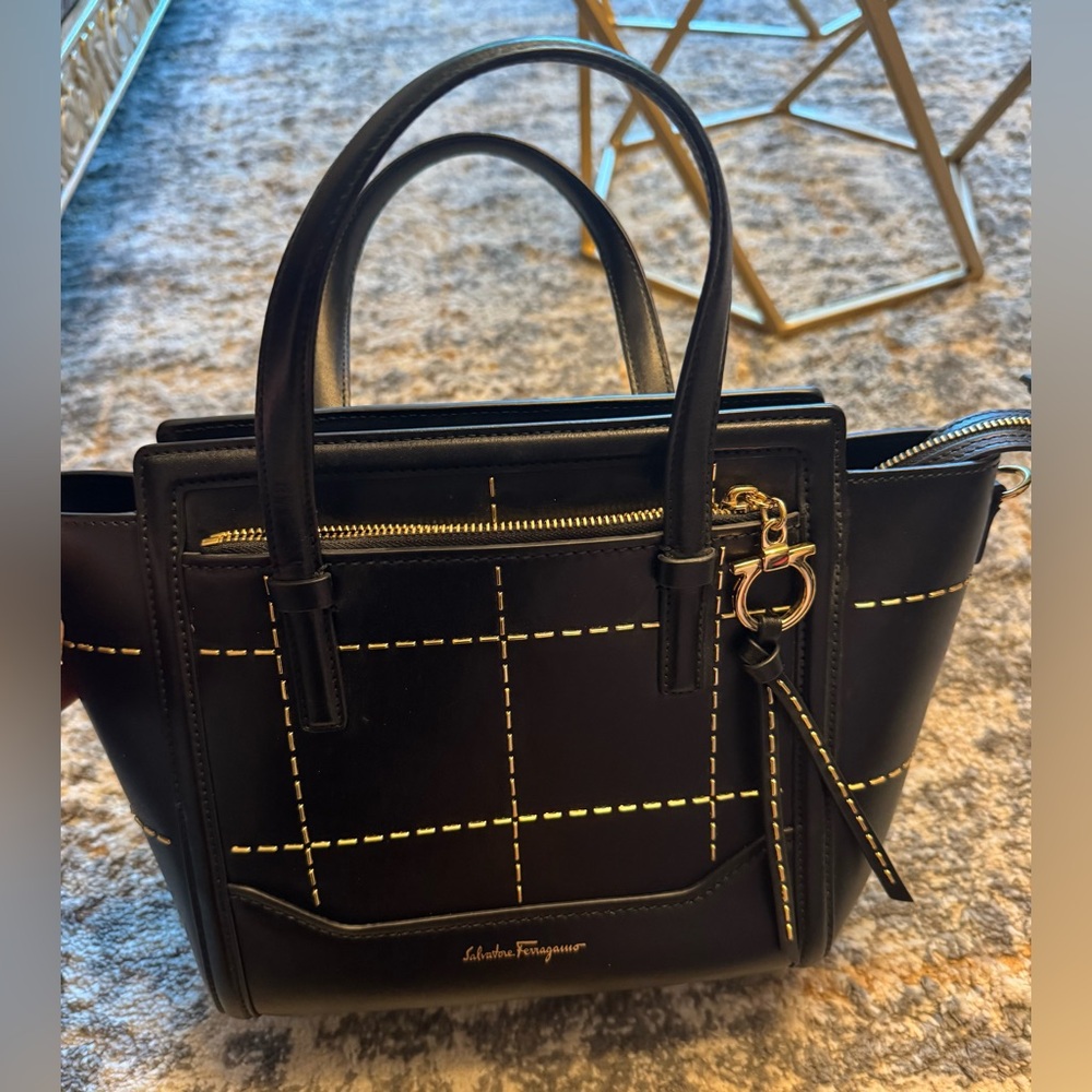 Salvatore Ferragamo Black Amy Tote Stitched Calfskin Leather Handbag